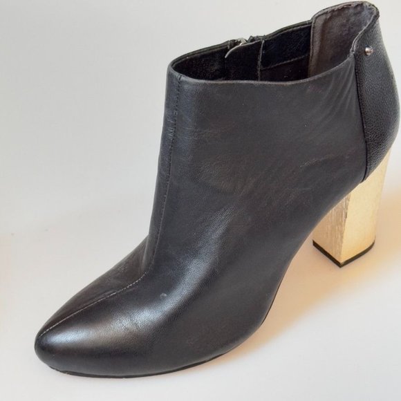 CIRCUS by Sam Edelman Shoes Black Leather Gold Block Heel Bootie Womans 8M - Picture 9 of 12